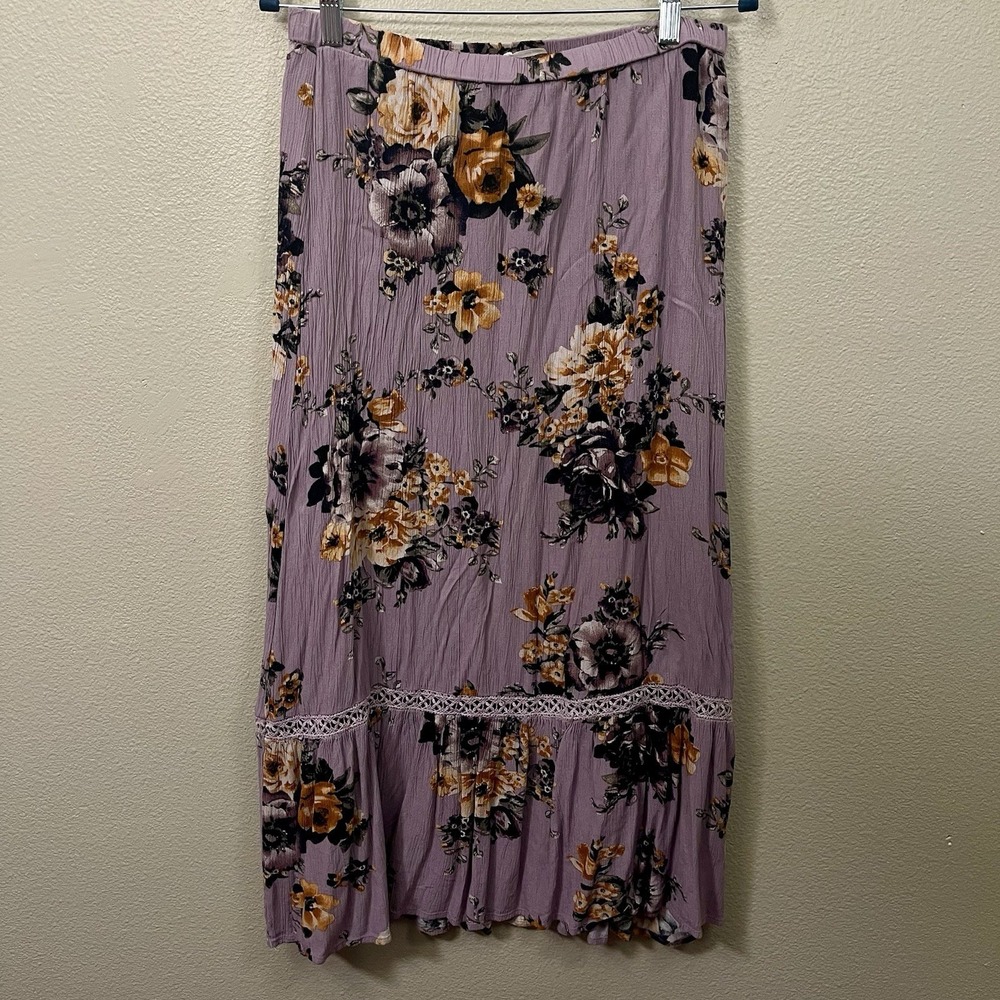 Blu Pepper Floral Maxi Skirt Purple Brown Boho Cottagecore Country Feminine Sz L